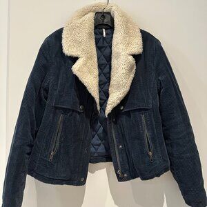 Free People Navy Corduroy Jacket with Cream Sherpa Collar